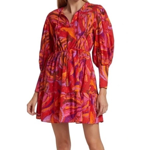 FARM Rio Dresses & Skirts - Farm Rio Womens Mini Dress Red Orange Floral Long Sleeve V Neck Tie Waist Casual